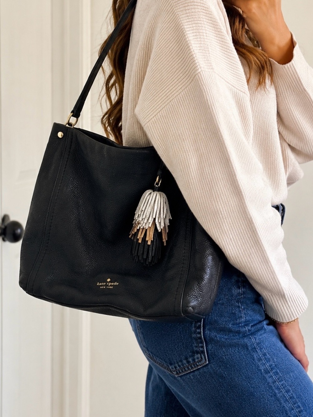 Kate Spade Black Leather Shoulder Bag with Multi-Tone Tassel